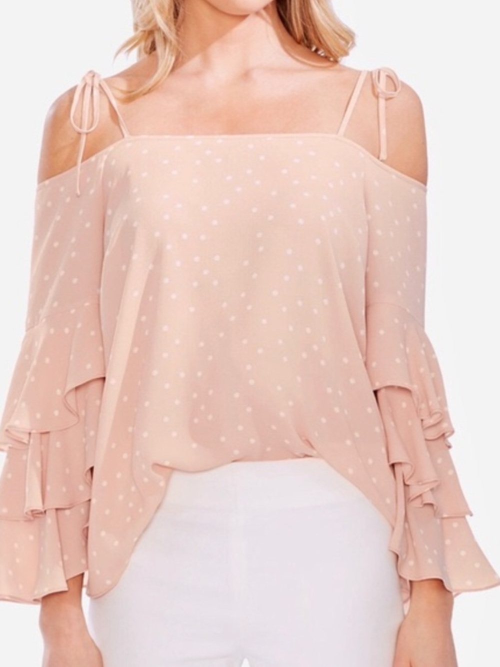 NWT Vince Camuto Blush Polka Dot Cold Shoulder Ruffle Blouse XS